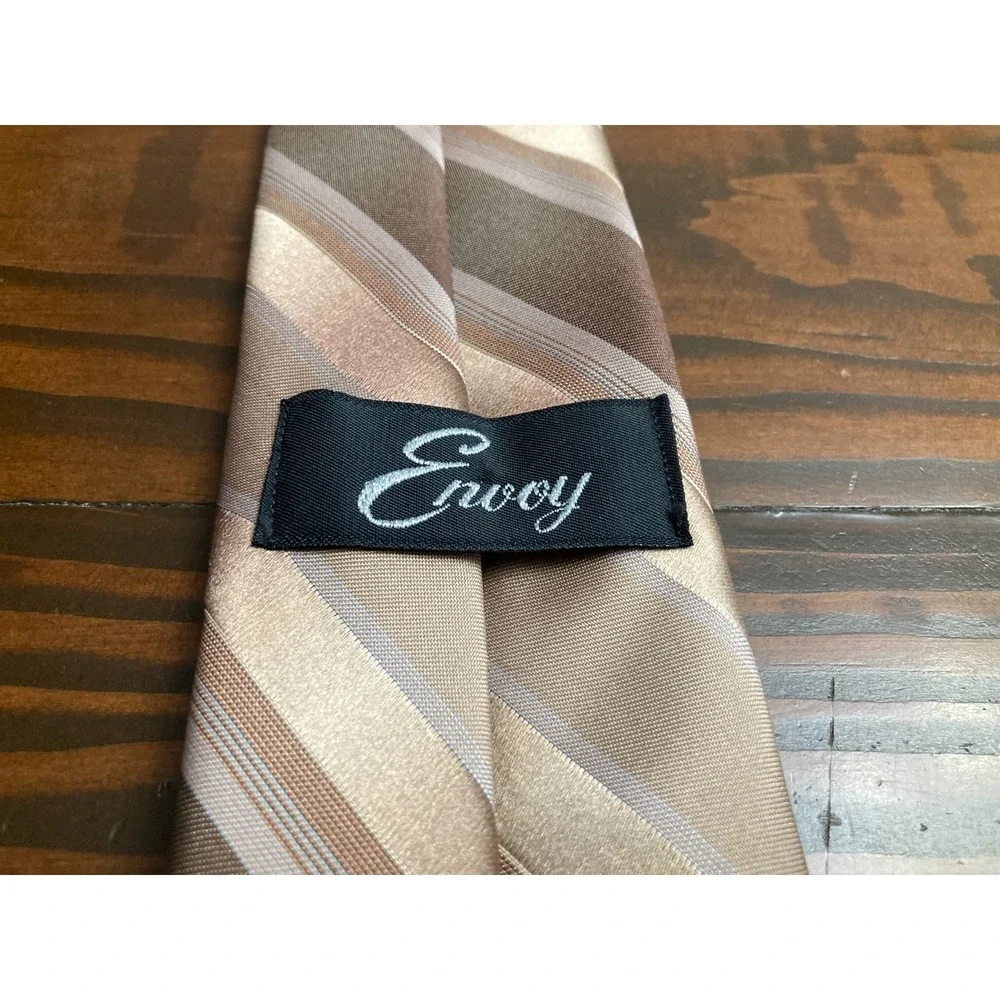 Vintage Envoy Striped Beige Brown Neck Tie Neckwear - Picture 3 of 5